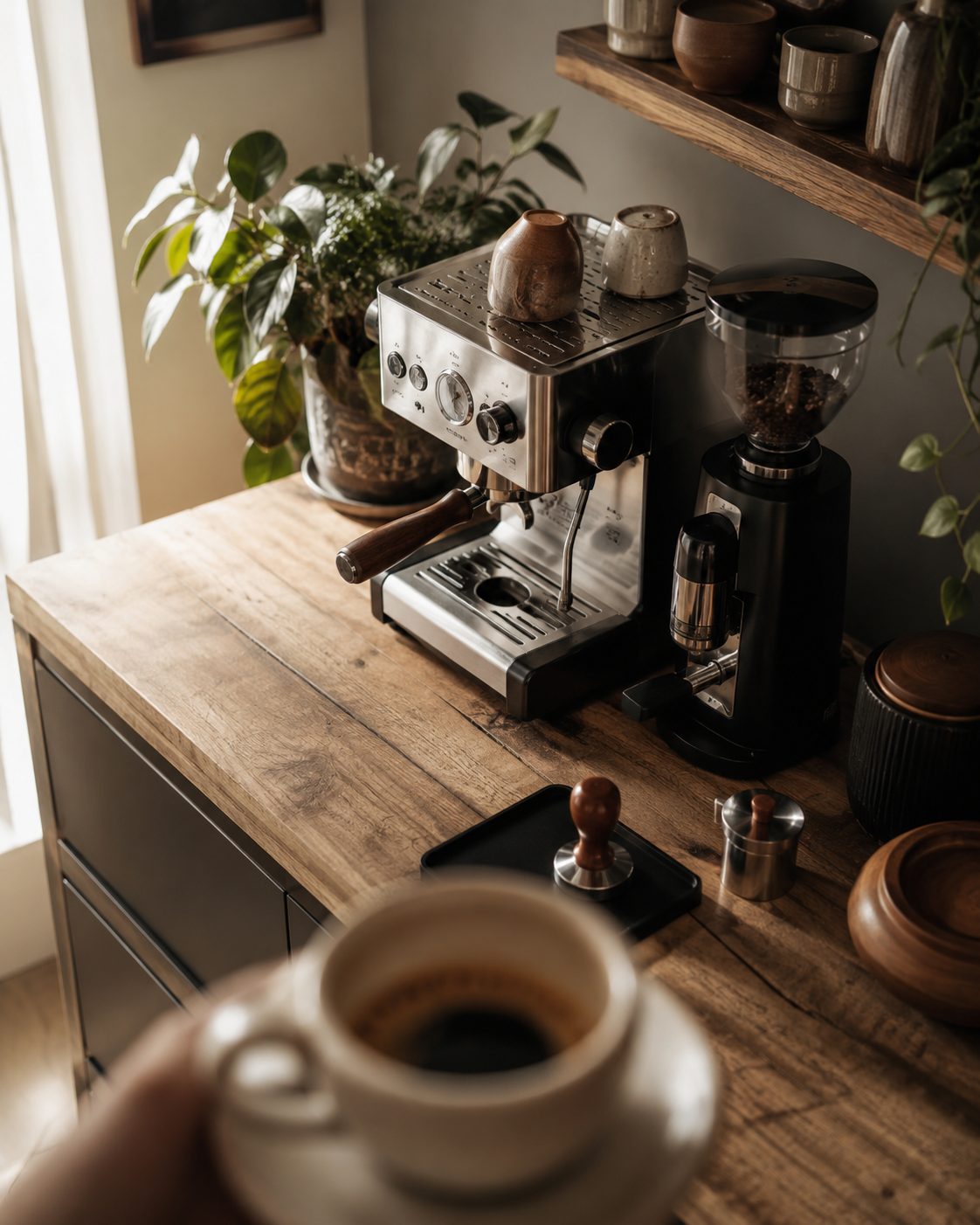 Gemütliche Kaffeeecke mit Siebträgermaschine und Mühle