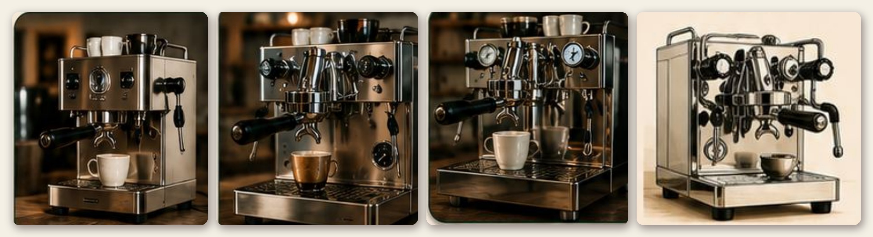 Vier unterschiedliche Espressomaschinen im Vergleich nebeneinander